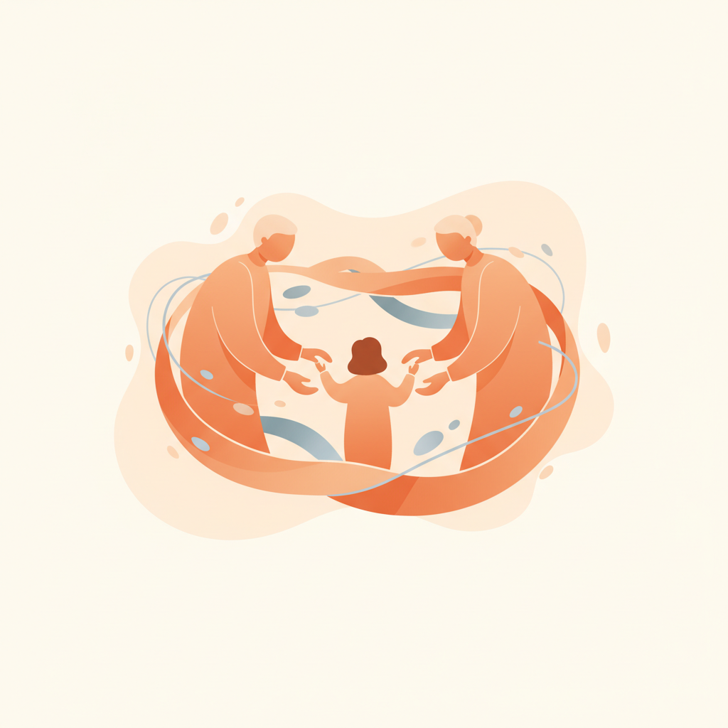 Two family members reaching toward each other across a bridge