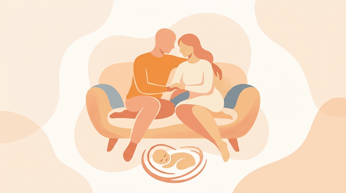 New parents holding their baby, showing tenderness and partnership during the postpartum period
